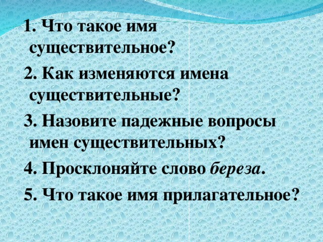 1. Что такое имя существительное?  2. Как изменяются имена существительные?  3. Назовите падежные вопросы имен существительных?  4. Просклоняйте слово береза .  5. Что такое имя прилагательное?