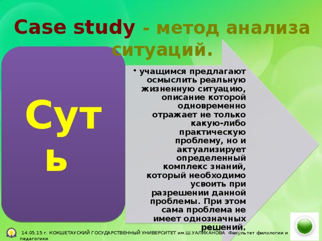 Case study - метод анализа ситуаций. учащимся предлагают осмыслить реальную жизненную ситуацию, описание которой одновременно отражает не только какую-либо практическую проблему, но и актуализирует определенный комплекс знаний, который необходимо усвоить при разрешении данной проблемы. При этом сама проблема не имеет однозначных решений. учащимся предлагают осмыслить реальную жизненную ситуацию, описание которой одновременно отражает не только какую-либо практическую проблему, но и актуализирует определенный комплекс знаний, который необходимо усвоить при разрешении данной проблемы. При этом сама проблема не имеет однозначных решений. Суть   14.05.15 г. КОКШЕТАУСКИЙ ГОСУДАРСТВЕННЫЙ УНИВЕРСИТЕТ им.Ш.УАЛИХАНОВА Факультет филологии и педагогики