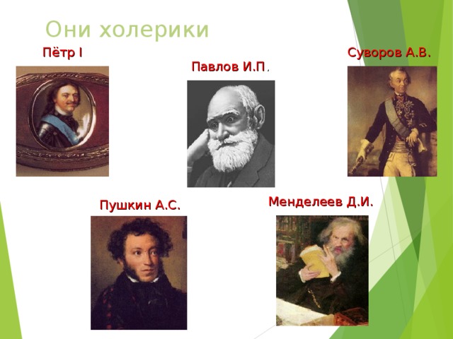Они холерики Суворов А.В.  Пётр I Павлов И.П . Менделеев Д.И. Пушкин А.С.