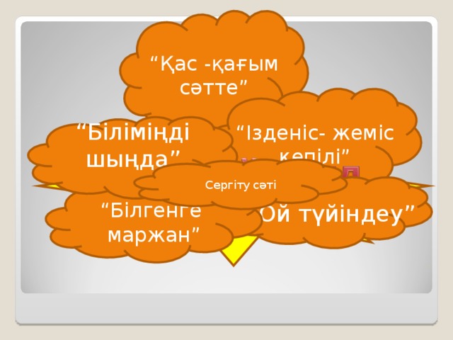 “ Қас -қағым сәтте” “ Ізденіс- жеміс кепілі” “ Біліміңді шыңда” Сергіту сәті “ Ой түйіндеу” “ Білгенге маржан”