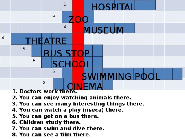 HOSPITAL ё ZOO MUSEUM THEATRE BUS STOP SCHOOL SWIMMING POOL CINEMA 1. Doctors work there. 2. You can enjoy watching animals there. 3. You can see many interesting things there. 4. You can watch a play (пьеса) there. 5. You can get on a bus there. 6. Children study there. 7. You can swim and dive there. 8. You can see a film there.