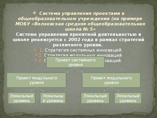 Система управления проектами в общеобразовательном учреждении (на примере МОБУ «Волховская средняя общеобразовательная школа № 5» Система управления проектной деятельностью в школе реализуется с 2002 года в рамках стратегий различного уровня.  1 . Стратегия системных инноваций. 2. Стратегия модульных инноваций 3. Стратегия локальных инноваций.      Проект системного уровня Проект модульного уровня Проект модульного уровня Локальный уровень Локальный уровень Локальный уровень Локальный уровень