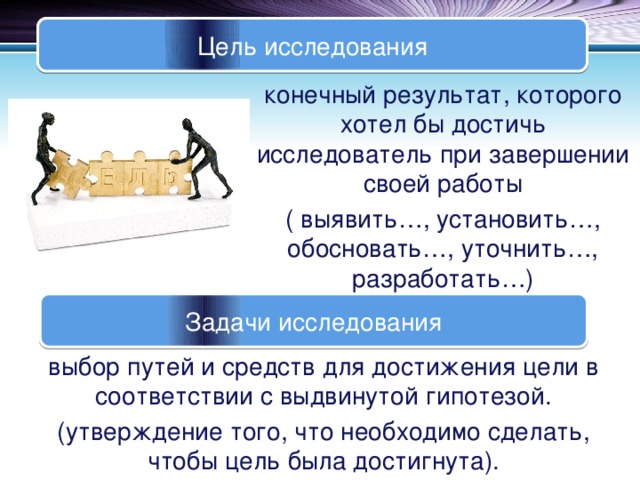 Цель исследования конечный результат, которого хотел бы достичь исследователь при завершении своей работы ( выявить…, установить…, обосновать…, уточнить…, разработать…) Задачи исследования выбор путей и средств для достижения цели в соответствии с выдвинутой гипотезой. (утверждение того, что необходимо сделать, чтобы цель была достигнута).