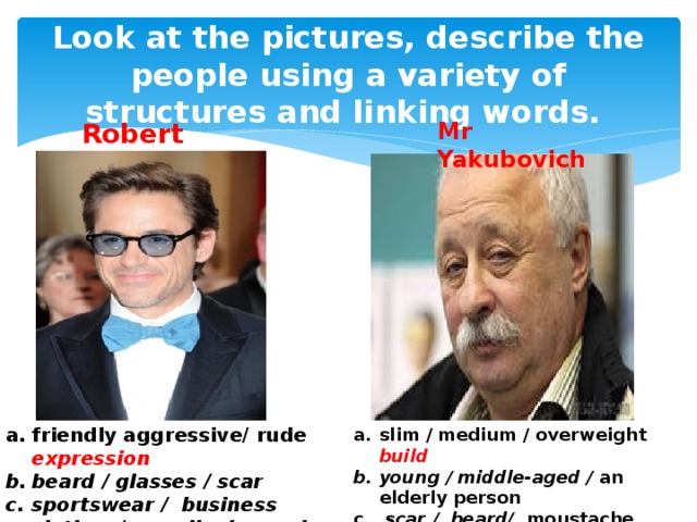 Look at the pictures, describe the people using a variety of structures and linking words. Robert Mr Yakubovich