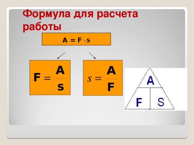 Формула для расчета работы A = F ∙ s