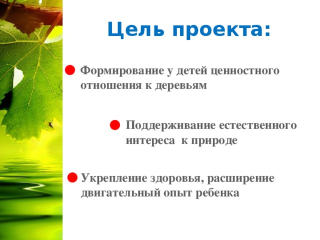 Цель проекта: Формирование у детей ценностного отношения к деревьям Поддерживание естественного интереса к природе Укрепление здоровья, расширение двигательный опыт ребенка