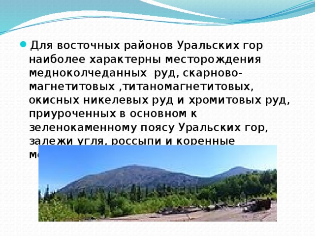 Для восточных районов Уральских гор наиболее характерны месторождения медноколчеданных руд, скарново-магнетитовых ,титаномагнетитовых, окисных никелевых руд и хромитовых руд, приуроченных в основном к зеленокаменному поясу Уральских гор, залежи угля, россыпи и коренные месторождения золота и платины.