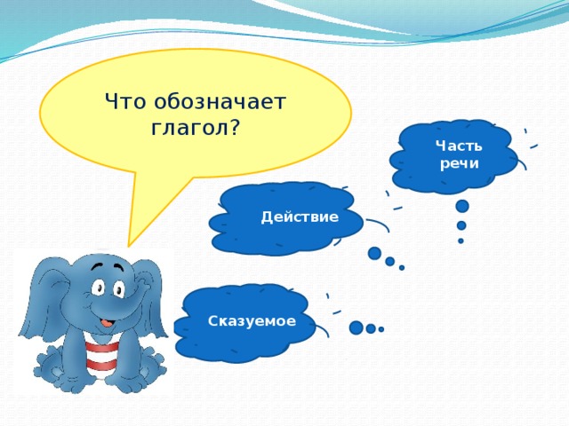 Что обозначает глагол? Часть речи Действие Сказуемое