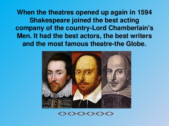 When the theatres opened up again in 1594 Shakespeare joined the best acting company of the country-Lord Chamberlain's Men. It had the best actors, the best writers and the most famous theatre-the Globe.