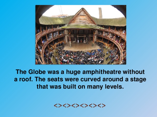 The Globe was a huge amphitheatre without a roof. The seats were curved around a stage that was built on many levels.