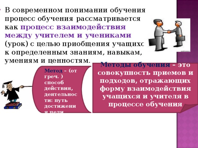 В современном понимании обучения процесс обучения  рассматривается как процесс взаимодействия между учителем и учениками (урок) с целью приобщения учащихся к определенным знаниям, навыкам, умениям и ценностям.