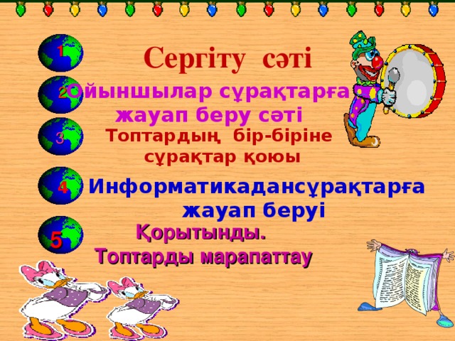 Сергіту сәті  1  Ойыншылар сұрақтарға жауап беру сәті  2 Топтардың бір-біріне сұрақтар қоюы  3  Информатикадансұрақтарға жауап беруі  4 Қорытынды. Топтарды марапаттау ап 5