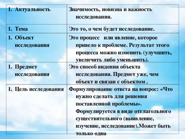 Актуальность Значимость, новизна и важность исследования. Тема Это то, о чем будет исследование. Объект исследования Это процесс или явление, которое привело к проблеме. Результат этого процесса можно изменить (улучшить, увеличить либо уменьшить). Предмет исследования Это способ видения объекта исследования. Предмет уже, чем объект и связан с объектом . Цель исследования