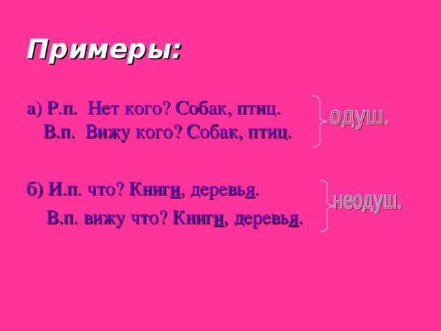 Примеры: а) Р.п. Нет кого? Собак, птиц. В.п. Вижу кого? Собак, птиц. б) И.п. что? Книг и , деревь я .  В.п. вижу что? Книг и , деревь я .