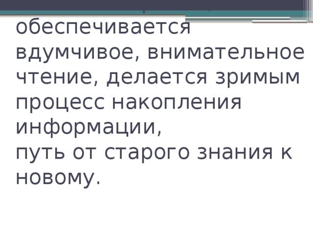 Таким образом, обеспечивается вдумчивое, внимательное чтение, делается зримым процесс накопления информации,  путь от старого знания к новому.