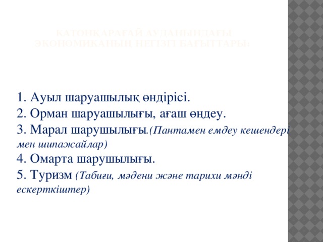 Катонқарағай ауданындағы Экономиканың негізгі бағыттары:   1. Ауыл шаруашылық өндірісі. 2. Орман шаруашылығы, ағаш өңдеу. 3. Марал шарушылығы .(Пантамен емдеу кешендері мен шипажайлар) 4. Омарта шарушылығы. 5. Туризм (Табиғи, мәдени және тарихи мәнді ескерткіштер)