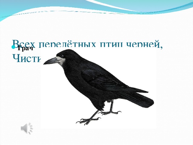 Всех перелётных птиц черней,  Чистит пашню от червей.   Грач