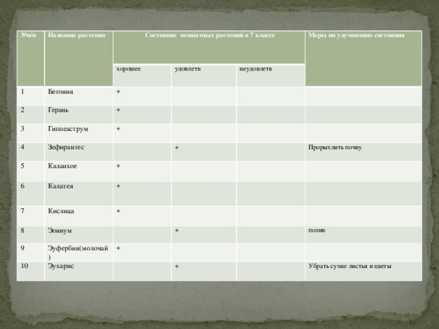 № п/п Название растения  Состояние комнатных растений в 7 классе 1 хорошее Бегония 2 удовлетв + Герань 3 4 неудовлетв + Гиппеаструм Меры по улучшению состояния 5 Зефирантес + Каланхое 6 + + Калатея 7 Кислица + 8 + Прорыхлить почву Эониум 9 Эуфербия(молочай) 10 + + Эухарис + полив Убрать сухие листья и цветы