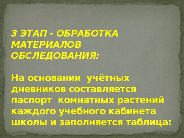 3 ЭТАП - ОБРАБОТКА МАТЕРИАЛОВ ОБСЛЕДОВАНИЯ:   На основании учётных дневников составляется паспорт комнатных растений каждого учебного кабинета школы и заполняется таблица: