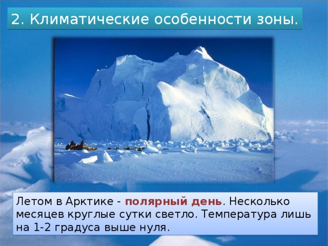 2. Климатические особенности зоны. Летом в Арктике - полярный день . Несколько месяцев круглые сутки светло. Температура лишь на 1-2 градуса выше нуля.