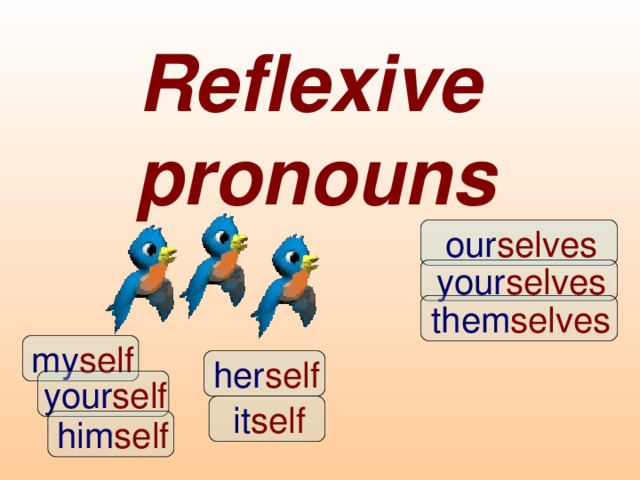 Reflexive  pronouns   our selves  your selves  them selves  my self  her self  your self  it self  him self