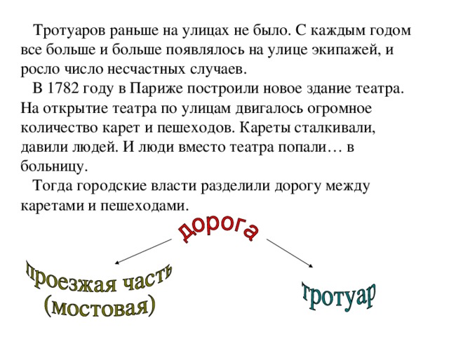 Тротуаров раньше на улицах не было. С каждым годом все больше и больше появлялось на улице экипажей, и росло число несчастных случаев.  В 1782 году в Париже построили новое здание театра. На открытие театра по улицам двигалось огромное количество карет и пешеходов. Кареты сталкивали, давили людей. И люди вместо театра попали… в больницу.  Тогда городские власти разделили дорогу между каретами и пешеходами.