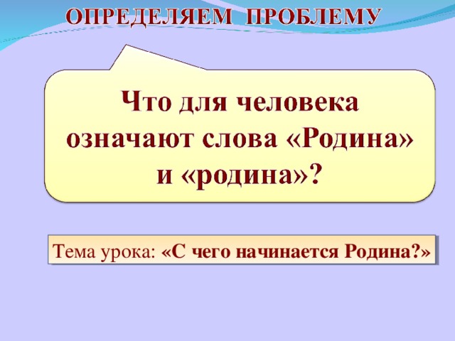 Анимация поставлена на щелчок. Происходит появление авторского варианта проблемного вопроса Тема урока: «С чего начинается Родина?» 3 3