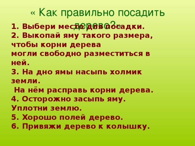 « Как правильно посадить дерево?» 1. Выбери место для посадки. 2. Выкопай яму такого размера, чтобы корни дерева могли свободно  разместиться в ней. 3. На дно ямы насыпь холмик земли.  На нём расправь корни дерева. 4. Осторожно засыпь яму. Уплотни землю. 5. Хорошо полей дерево. 6. Привяжи дерево к колышку.