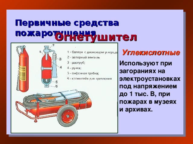 Первичные средства пожаротушения Огнетушители Углекислотные  Используют при загораниях на электроустановках под напряжением до 1 тыс. В, при пожарах в музеях и архивах.