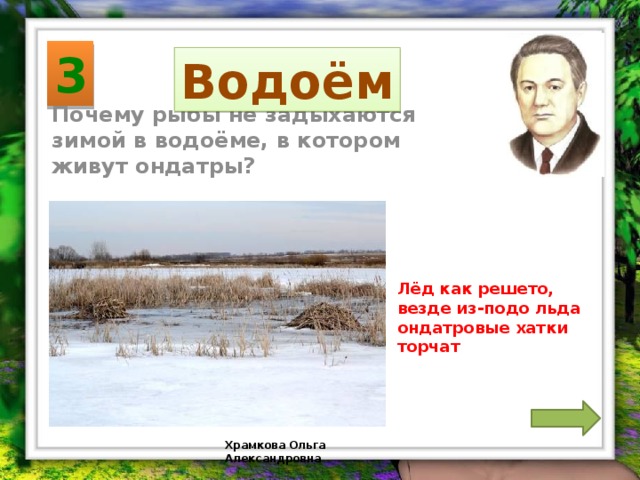 3 Водоём Почему рыбы не задыхаются зимой в водоёме, в котором живут ондатры? Лёд как решето, везде из-подо льда ондатровые хатки торчат Храмкова Ольга Александровна