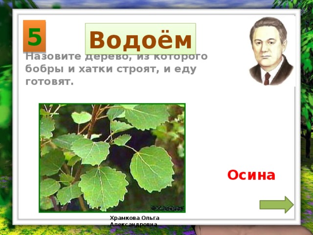 5 Водоём Назовите дерево, из которого бобры и хатки строят, и еду готовят. Осина Храмкова Ольга Александровна