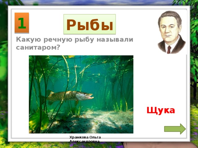 1 Рыбы Какую речную рыбу называли санитаром? Щука Храмкова Ольга Александровна