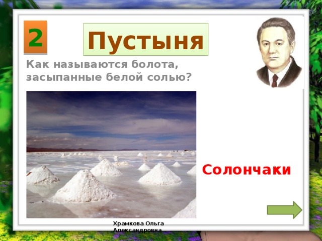 2 Пустыня Как называются болота, засыпанные белой солью? Солончаки Храмкова Ольга Александровна