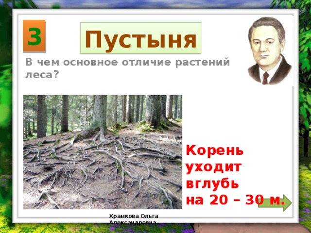 3 Пустыня В чем основное отличие растений леса? Корень уходит вглубь на 20 – 30 м. Храмкова Ольга Александровна