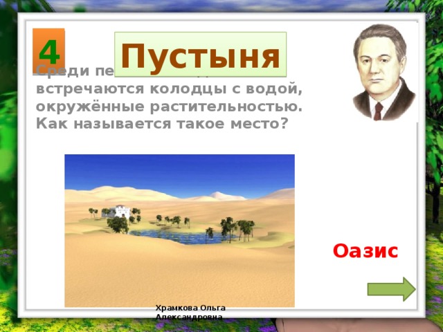 4 Пустыня Среди песков иногда встречаются колодцы с водой, окружённые растительностью. Как называется такое место? Оазис Храмкова Ольга Александровна