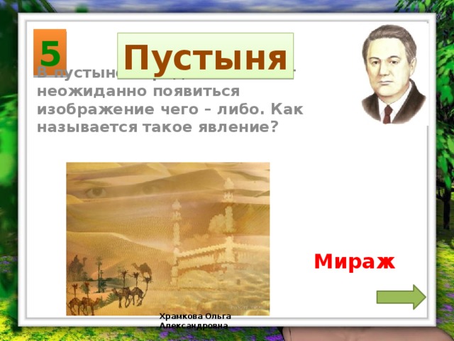 5 Пустыня В пустыне перед вами может неожиданно появиться изображение чего – либо. Как называется такое явление? Мираж Храмкова Ольга Александровна