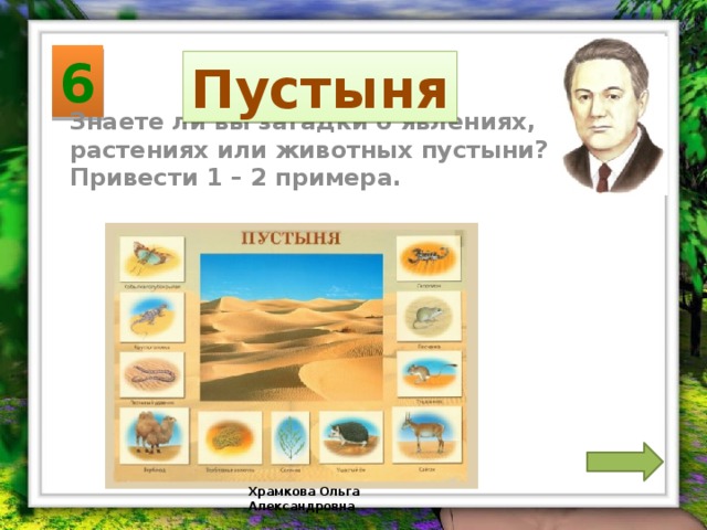 6 Пустыня Знаете ли вы загадки о явлениях, растениях или животных пустыни? Привести 1 – 2 примера. Храмкова Ольга Александровна