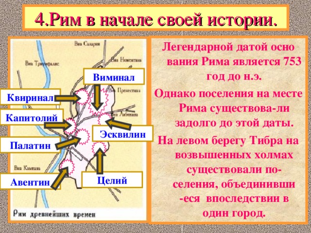 4.Рим в начале своей истории. Легендарной датой осно вания Рима является 753 год до н.э. Однако поселения на месте Рима существова-ли задолго до этой даты. На левом берегу Тибра на возвышенных холмах существовали по-селения, объединивши -еся впоследствии в один город. Виминал Квиринал Капитолий Эсквилин Палатин Целий Авентин