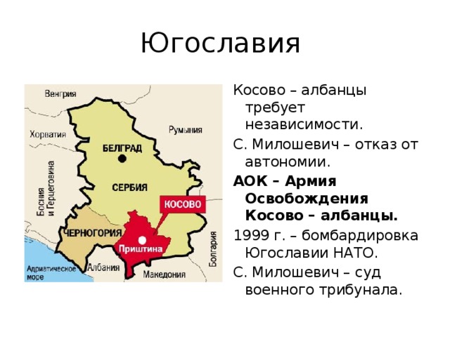 Югославия Косово – албанцы требует независимости. С. Милошевич – отказ от автономии. АОК – Армия Освобождения Косово – албанцы. 1999 г. – бомбардировка Югославии НАТО. С. Милошевич – суд военного трибунала.