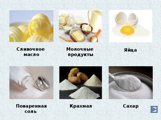 Сливочное масло Яйца  Молочные продукты Сахар Поваренная соль Крахмал