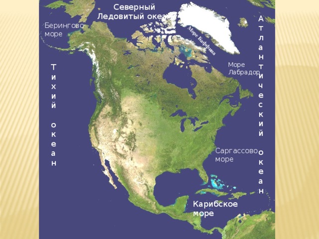 Северный Ледовитый океан Т и х и й Море Баффина о к е а н А т л а н т и ч е с к и й о к е а н Берингово море Море Лабрадор Саргассово море Карибское море