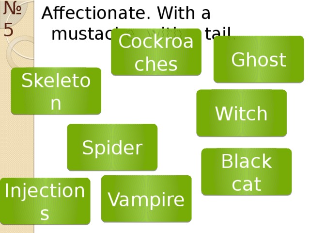 № 5 Affectionate. With a mustache, with a tail. Cockroaches Ghost Skeleton Witch Spider Black cat Vampire Injections