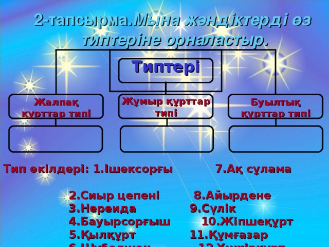 2-тапсырма. Мына жәндіктерді өз типтеріне орналастыр. Типтері  Жұмыр құрттар типі Буылтық құрттар типі  Жалпақ құрттар типі  Тип өкілдері: 1.Ішексорғы 7.Ақ сұлама  2.Сиыр цепені 8.Айырдене  3.Нереида 9.Сүлік  4.Бауырсорғыш 10.Жіпшеқұрт  5.Қылқұрт 11.Құмғазар  6.Шұбалшаң 12.Үшкірқұрт