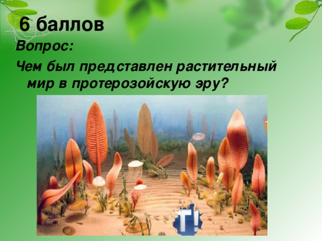 6 баллов Вопрос: Чем был представлен растительный мир в протерозойскую эру?