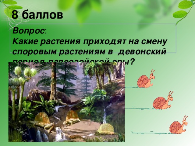 8 баллов Вопрос : Какие растения приходят на смену споровым растениям в девонский период палеозойской эры?