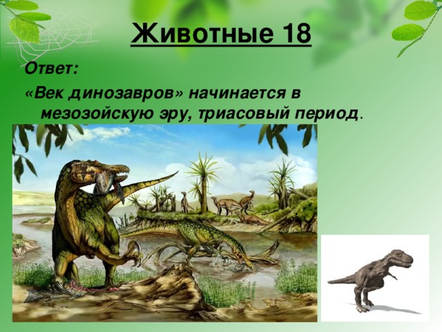 Животные 18 Ответ: «Век динозавров» начинается в мезозойскую эру, триасовый период .