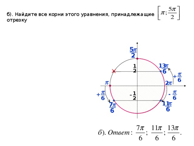 б). Найдите все корни этого уравнения, принадлежащие отрезку p 5 2 p 1 13 2 6 p + 6 p 2 p p p 1 - + – 2 6 6 p 11 7 p 6 6