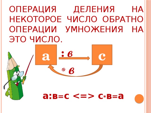 Операция деления на некоторое число обратно операции умножения на это число.  : в  *  в  a c а:в = с  с * в = а