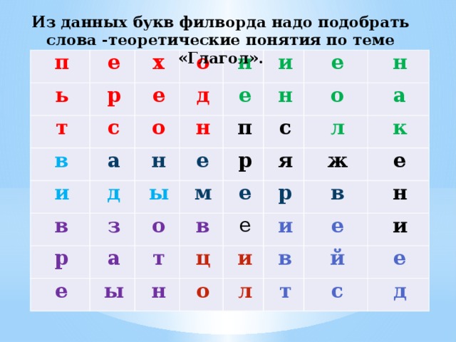 Из данных букв филворда надо подобрать слова -теоретические понятия по теме «Глагол».   п ь е х р т о е в с н д а о и и е д н в н е н п е р ы з о н с е р а о м а в е ы л т я ж н к ц е р е о в и и в е н л й т и е с д