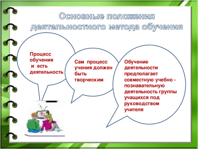 Обучение деят Процесс обучения  и есть деятельность Сам процесс учения должен быть творческим Обучение деятельности предполагает совместную учебно - познавательную деятельность группы учащихся под руководством учителя